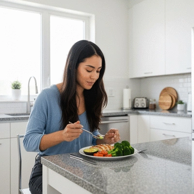 Person enjoying a balanced meal with protein, healthy fats, and vegetables